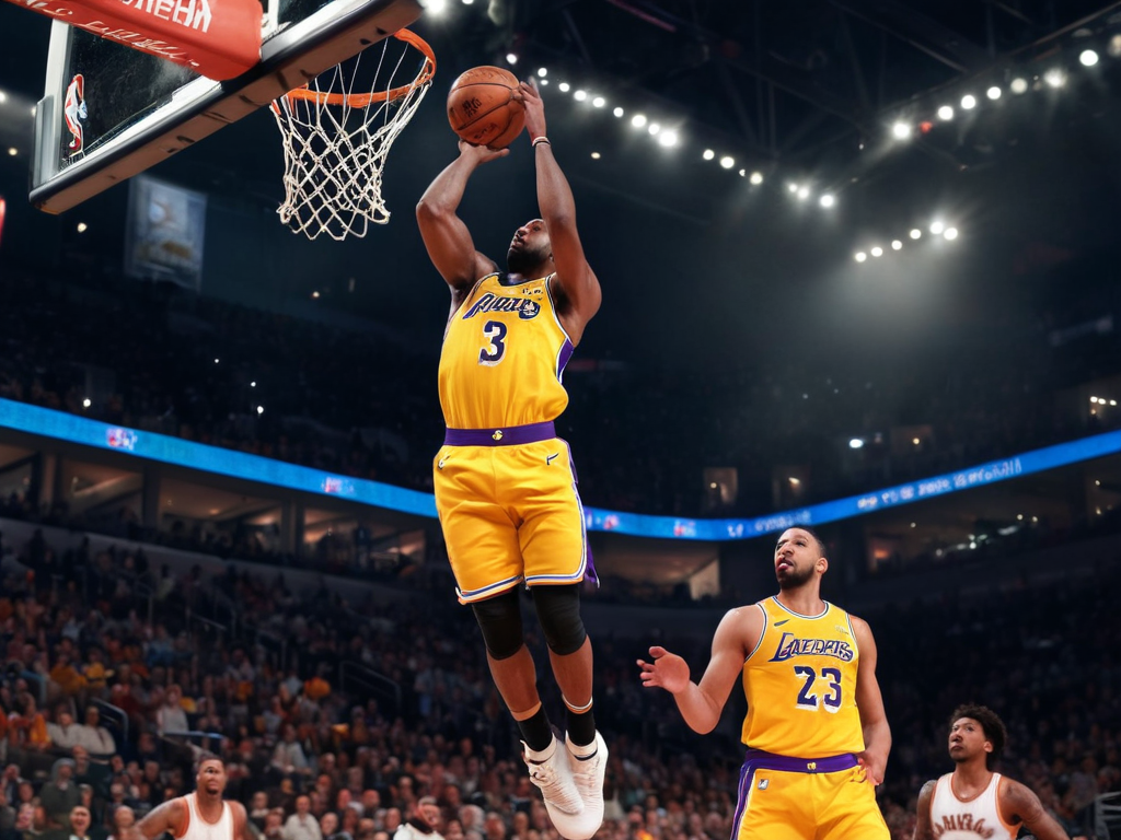 NBA 篮球比赛现场球员突破上篮的瞬间